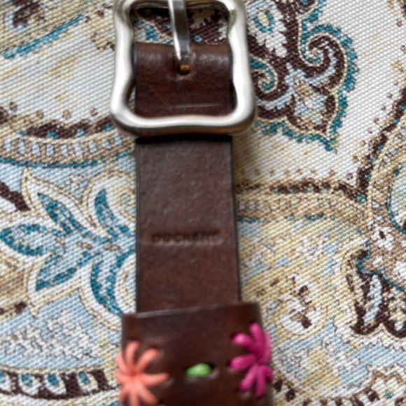 Dockers Leather Belt 34” Brown with Pastel Floral Embroidery & Silvertone Buck - Picture 2 of 5